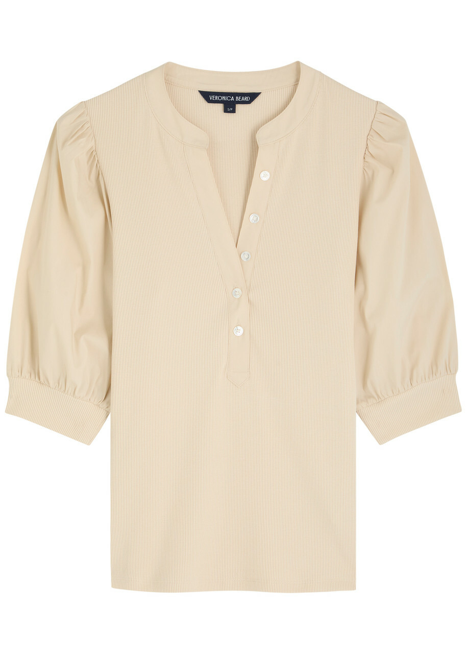 Veronica Beard Coralee Ribbed Stretch-cotton top Cream
