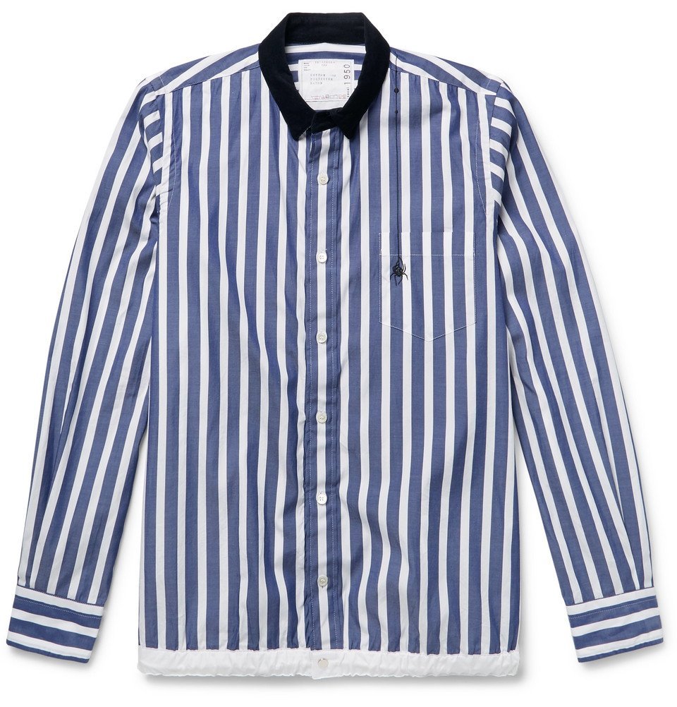 Sacai - Dr. Woo Embroidered Corduroy-Trimmed Striped Cotton Shirt 