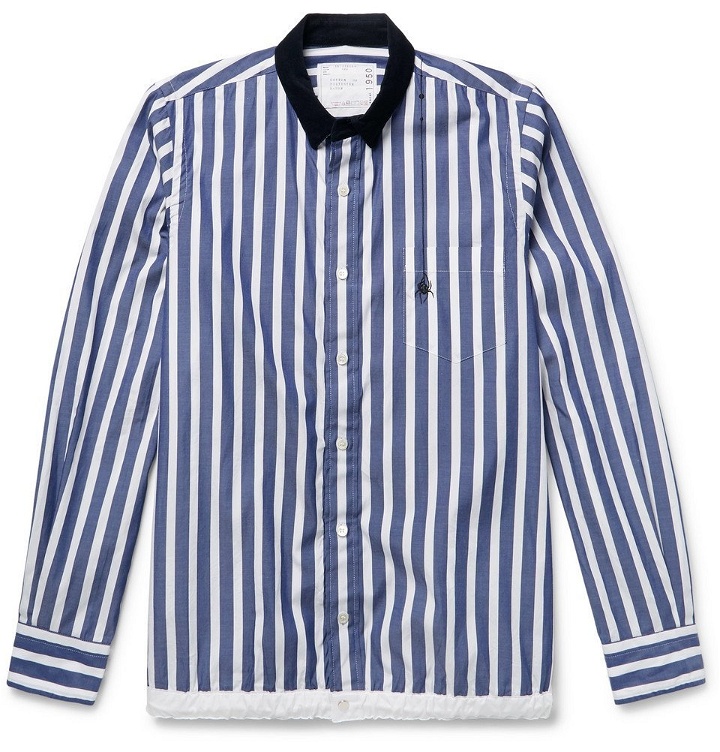 Photo: Sacai - Dr. Woo Embroidered Corduroy-Trimmed Striped Cotton Shirt - Blue