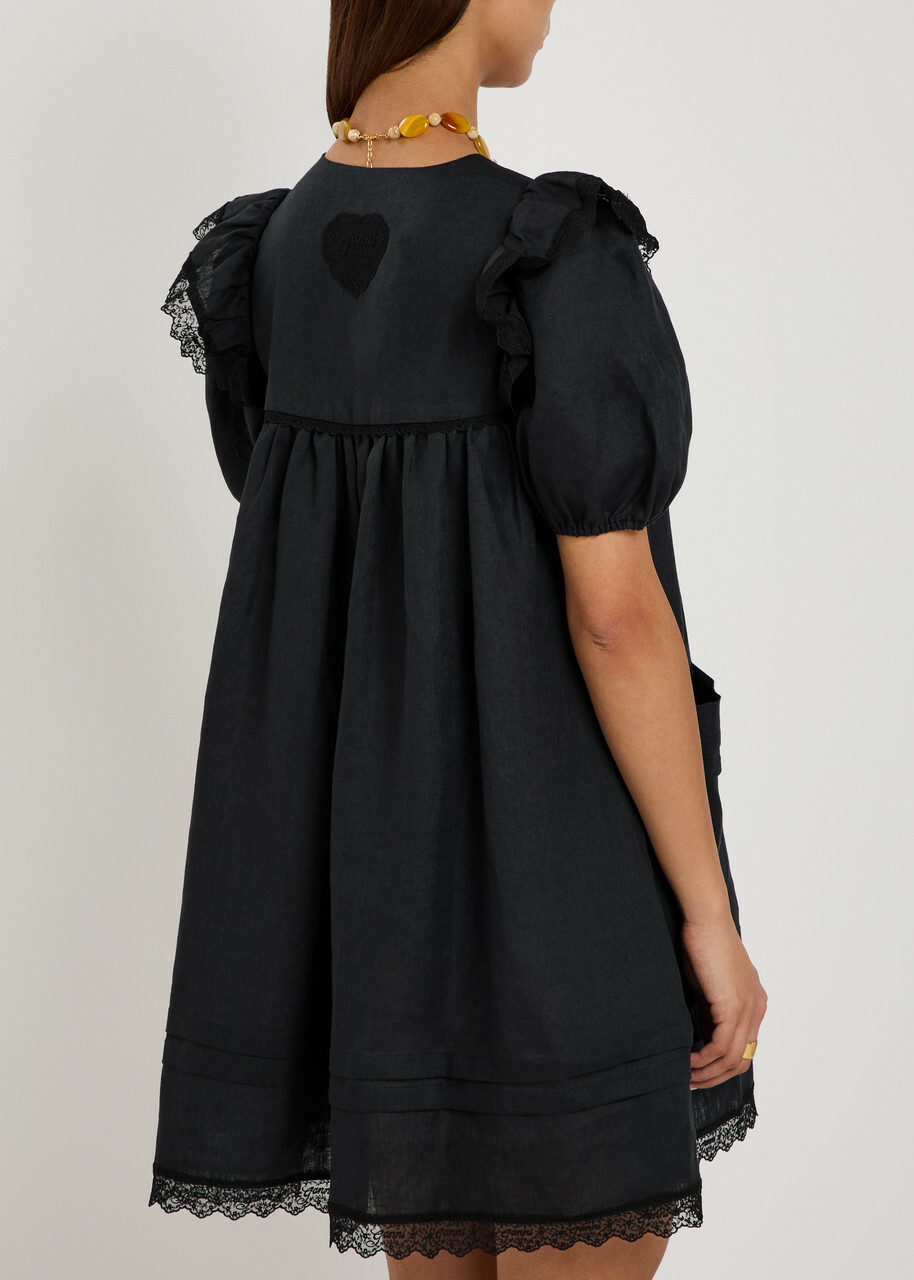 Ganni Lace-trimmed Linen Mini Dress Black