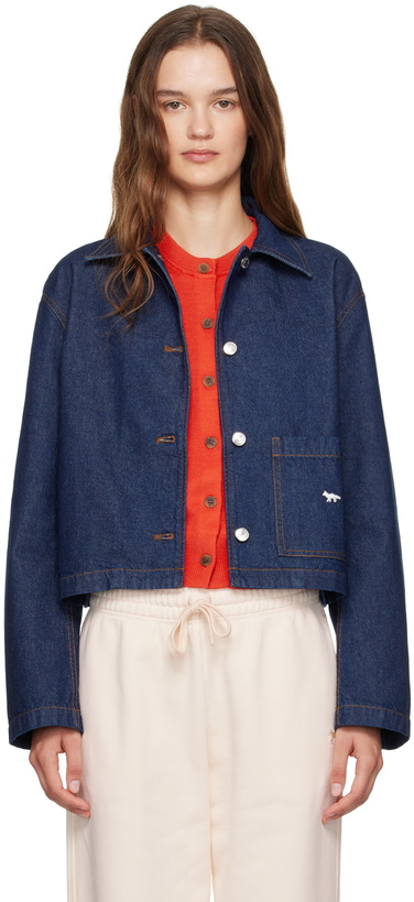Maison Kitsuné Navy Zipped Cropped Denim Jacket Maison Kitsune
