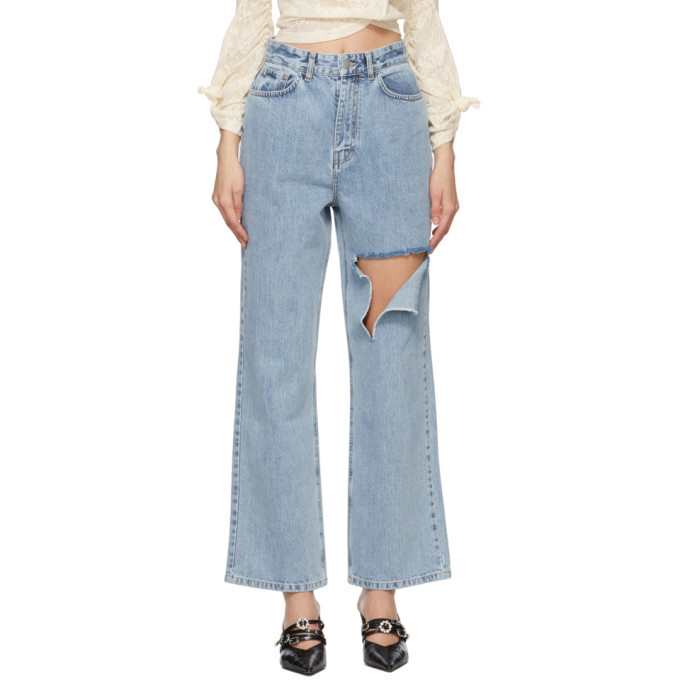 Rokh Blue Denim Slashed Straight-Leg Jeans Rokh