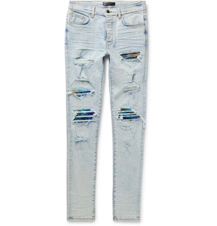Photo: AMIRI - MX1 Skinny-Fit Panelled Distressed Stretch-Denim Jeans - Blue