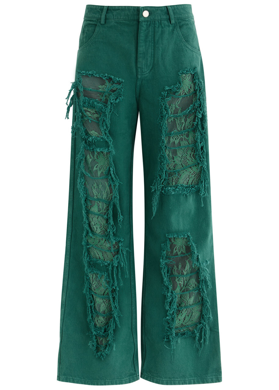 Christopher Esber Arboreal Lace-panelled Wide-leg Jeans Green