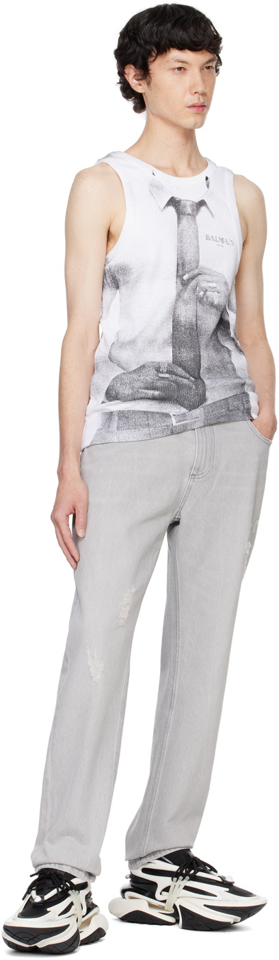 Balmain White Ribbed Tie Print Tank Top