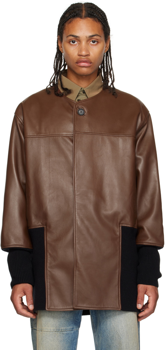 T/SEHNE Brown Cut-Through Leather Jacket