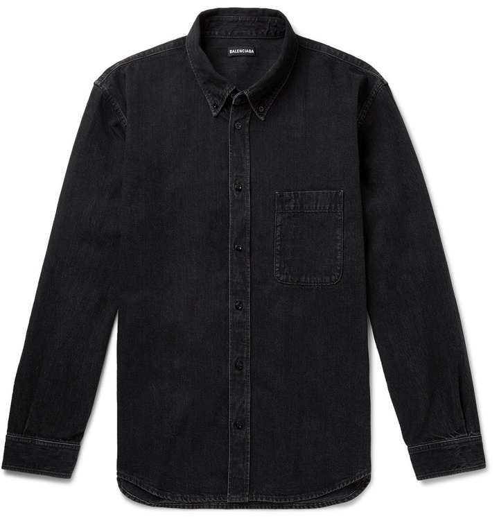 Photo: Balenciaga - Button-Down Collar Logo-Print Denim Shirt - Black