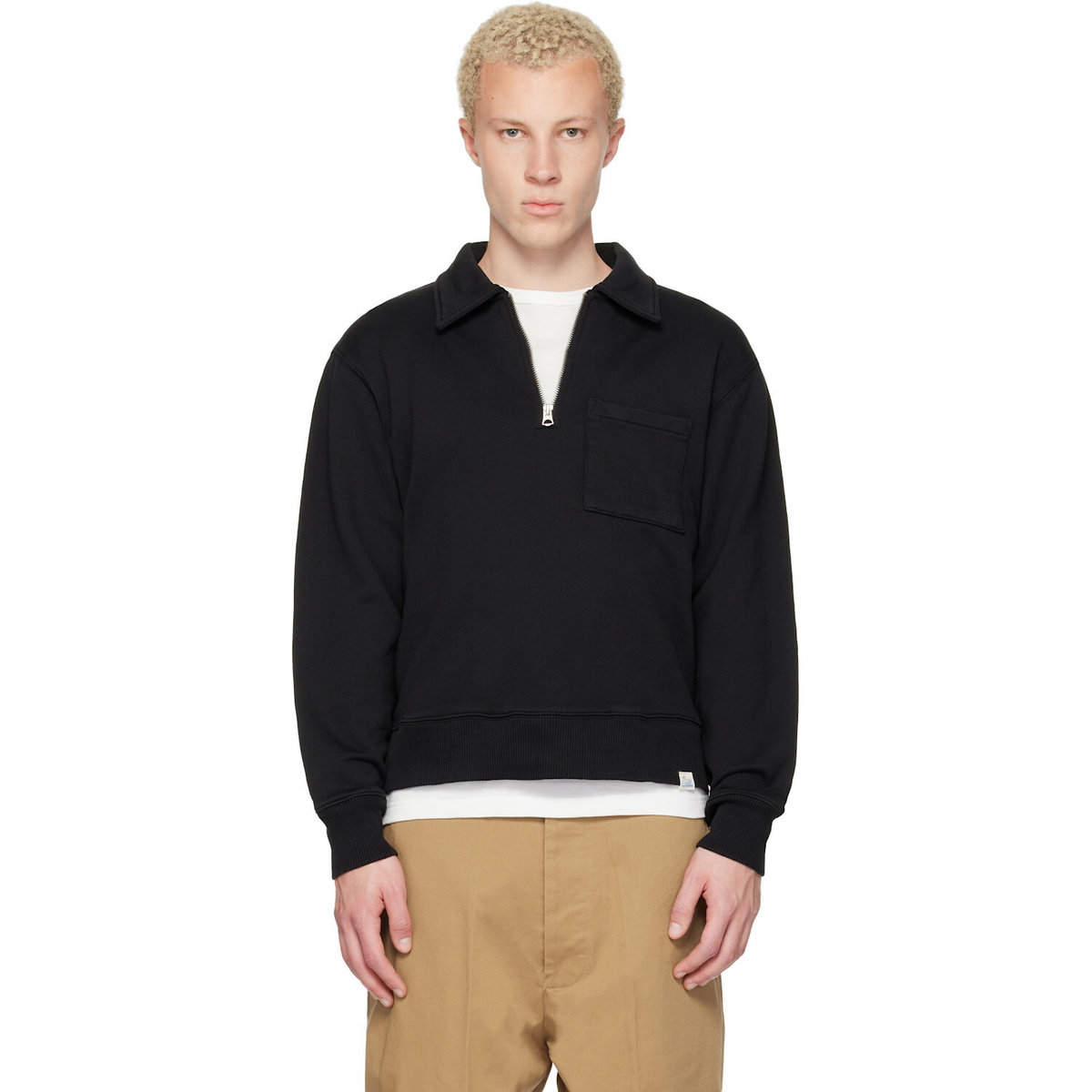 Merz b. Schwanen Black Authentic Fleece Polo Collared Half-Zip Cotton Sweatshirt