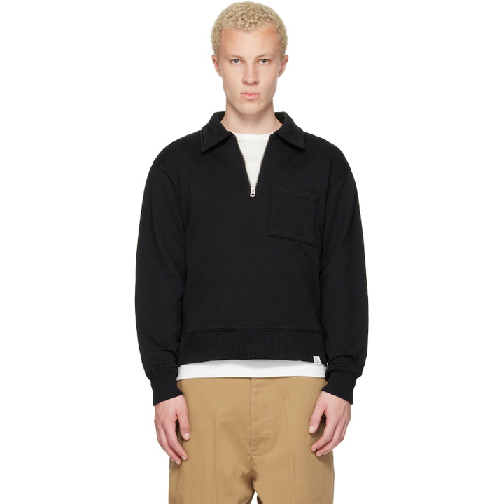 Photo: Merz b. Schwanen Black Authentic Fleece Polo Collared Half-Zip Cotton Sweatshirt