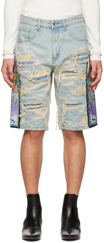 Photo: Who Decides War by MRDR BRVDO SSENSE Exclusive Blue Cathedral Shorts