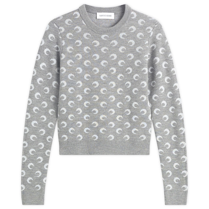 Photo: Marine Serre Women's Moon Jacquard Knit Fitted Crewneck Sweater in Misty Grey