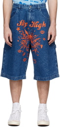 Sky High Farm Workwear Blue Mindblown Print Denim Shorts