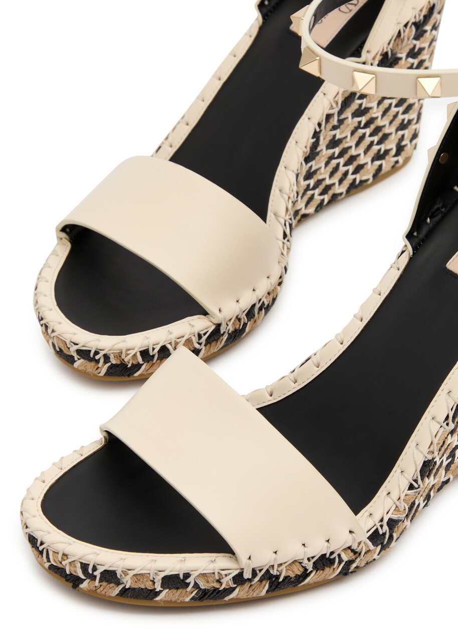 Valentino Rockstud 100 Leather Wedge Espadrilles Ivory