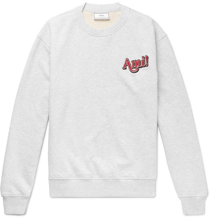 Photo: AMI - Logo-Embroidered Mélange Loopback Cotton-Jersey Sweatshirt - Men - Gray