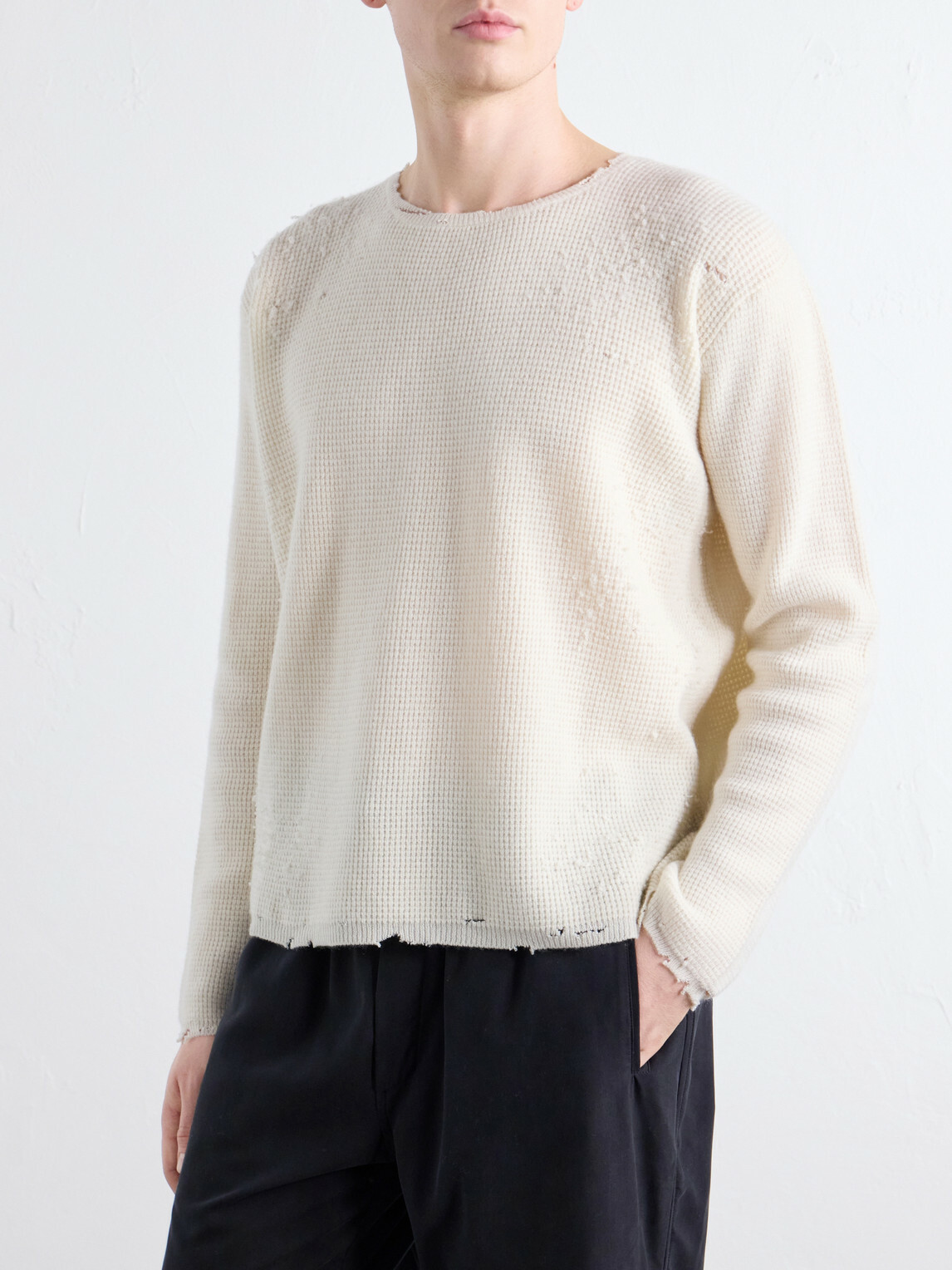 SECOND / LAYER - Distressed Waffle-Knit Wool and Cashmere-Blend Sweater - Neutrals