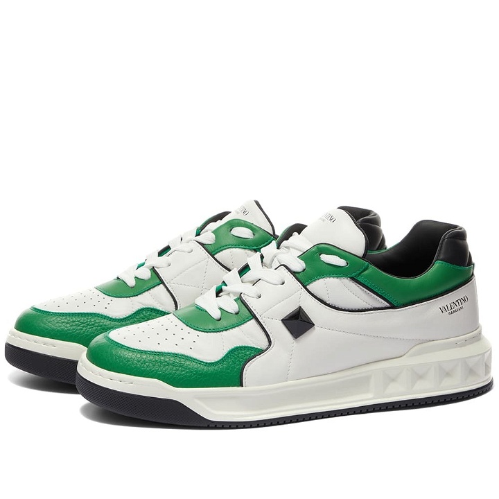 Photo: Valentino Men's Low Top Roman Stud Sneakers in Bianco/Ultra Green/Nero