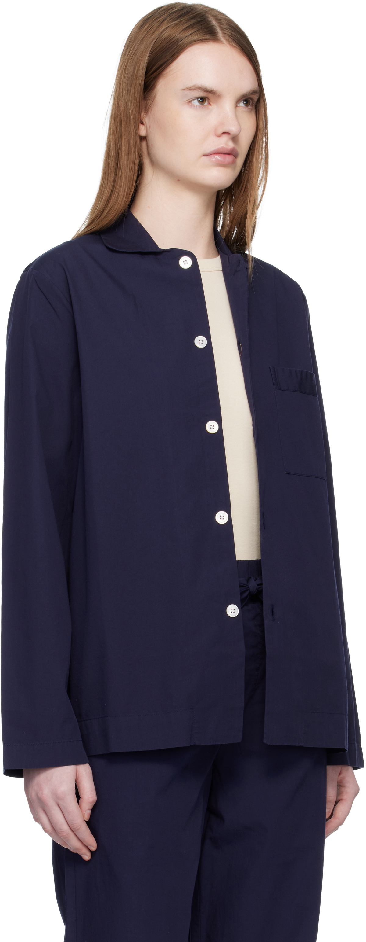 Tekla Navy Poplin Long-Sleeved Pyjama Shirt
