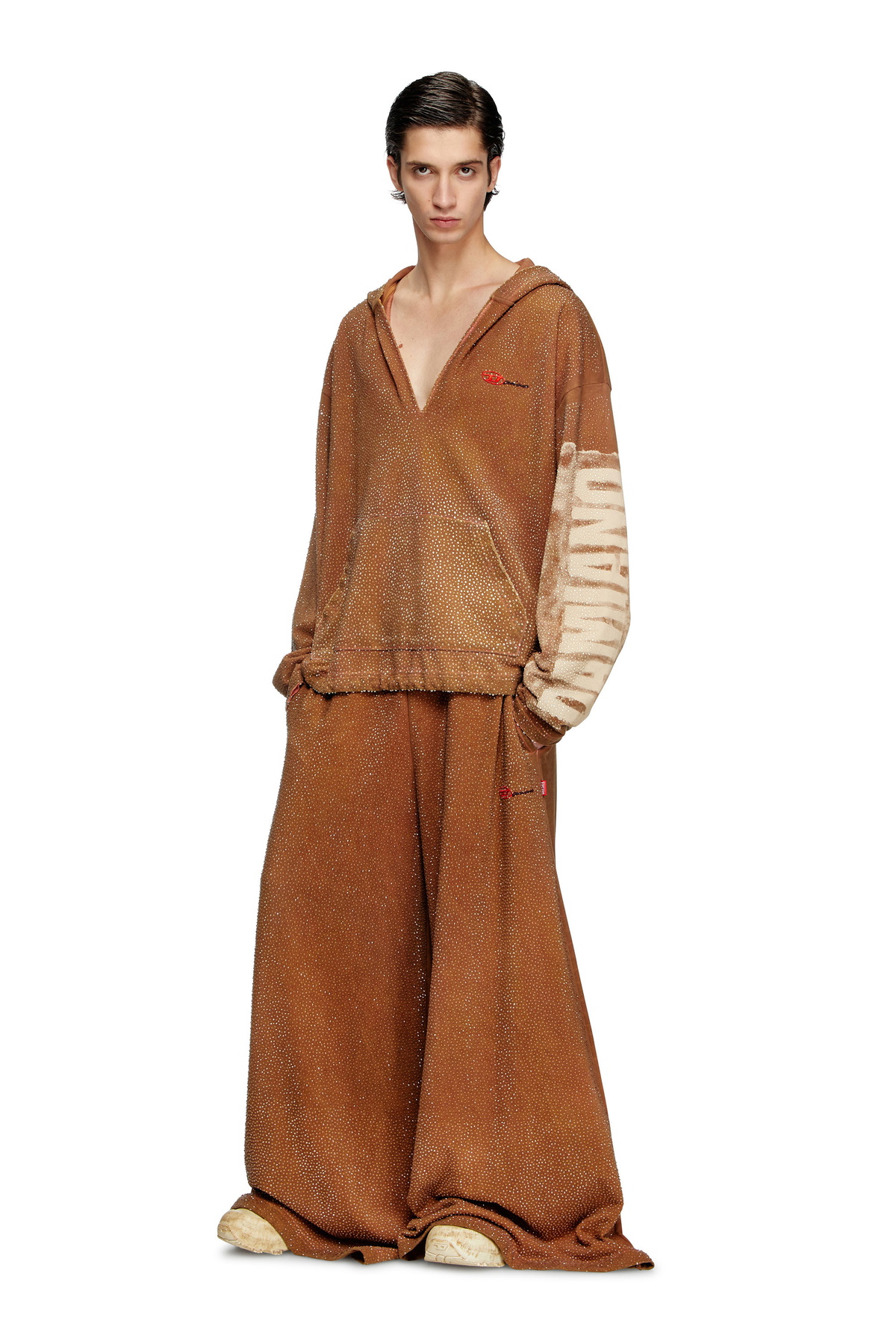Diesel Treated V-neck hoodie with crystals - Sweaters - Unisex - Brown