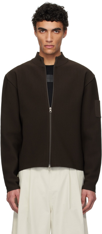 Photo: AMOMENTO Brown Mock Neck Zip-Up Cardigan