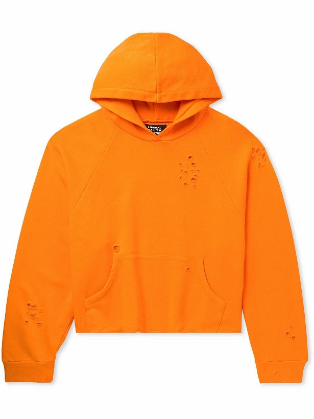 Photo: Liberal Youth Ministry - Cropped Printed Distressed Cotton-Jersey Hoodie - Orange