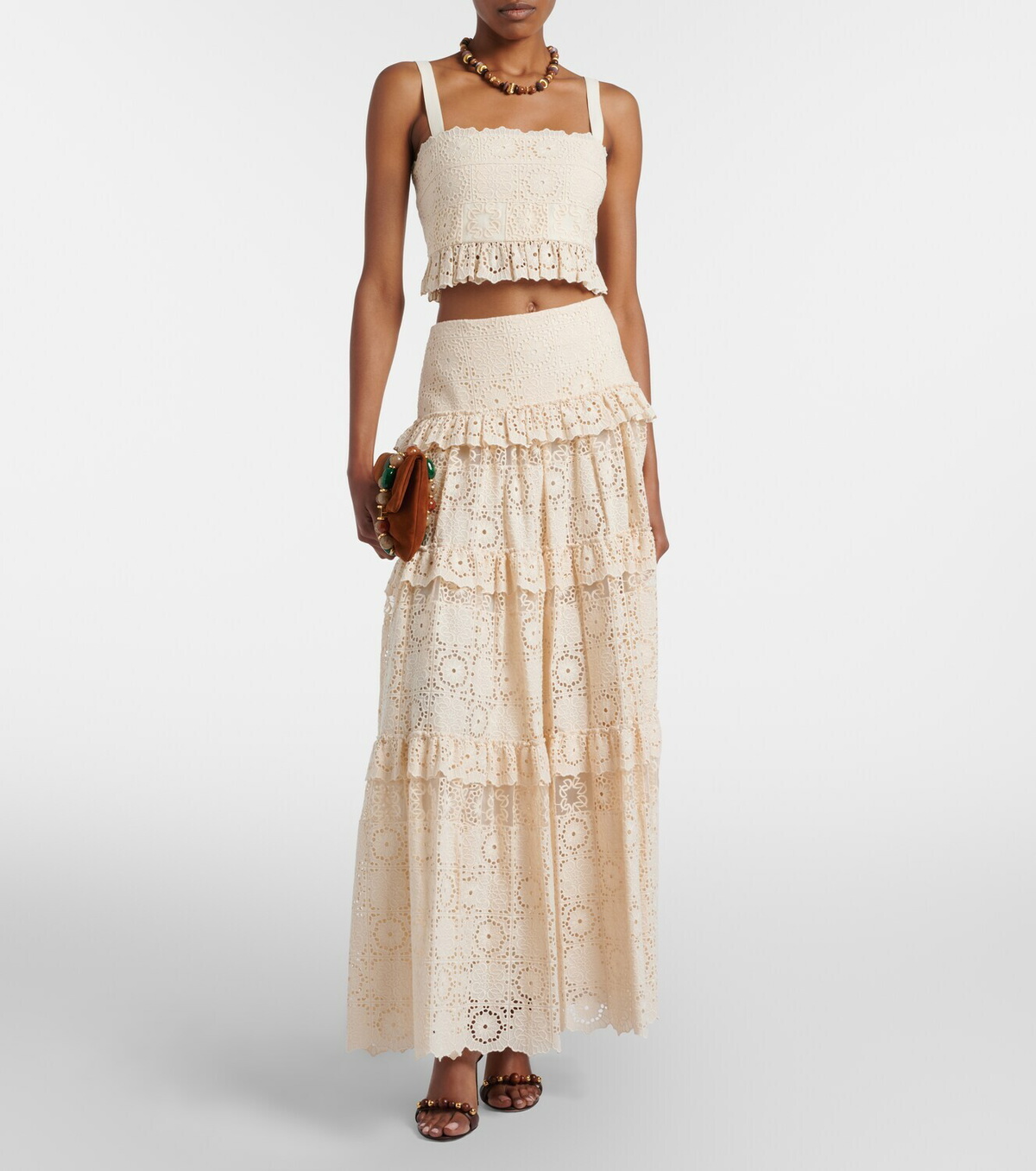 Elie Saab Guipure lace ruffled cotton and silk crop top