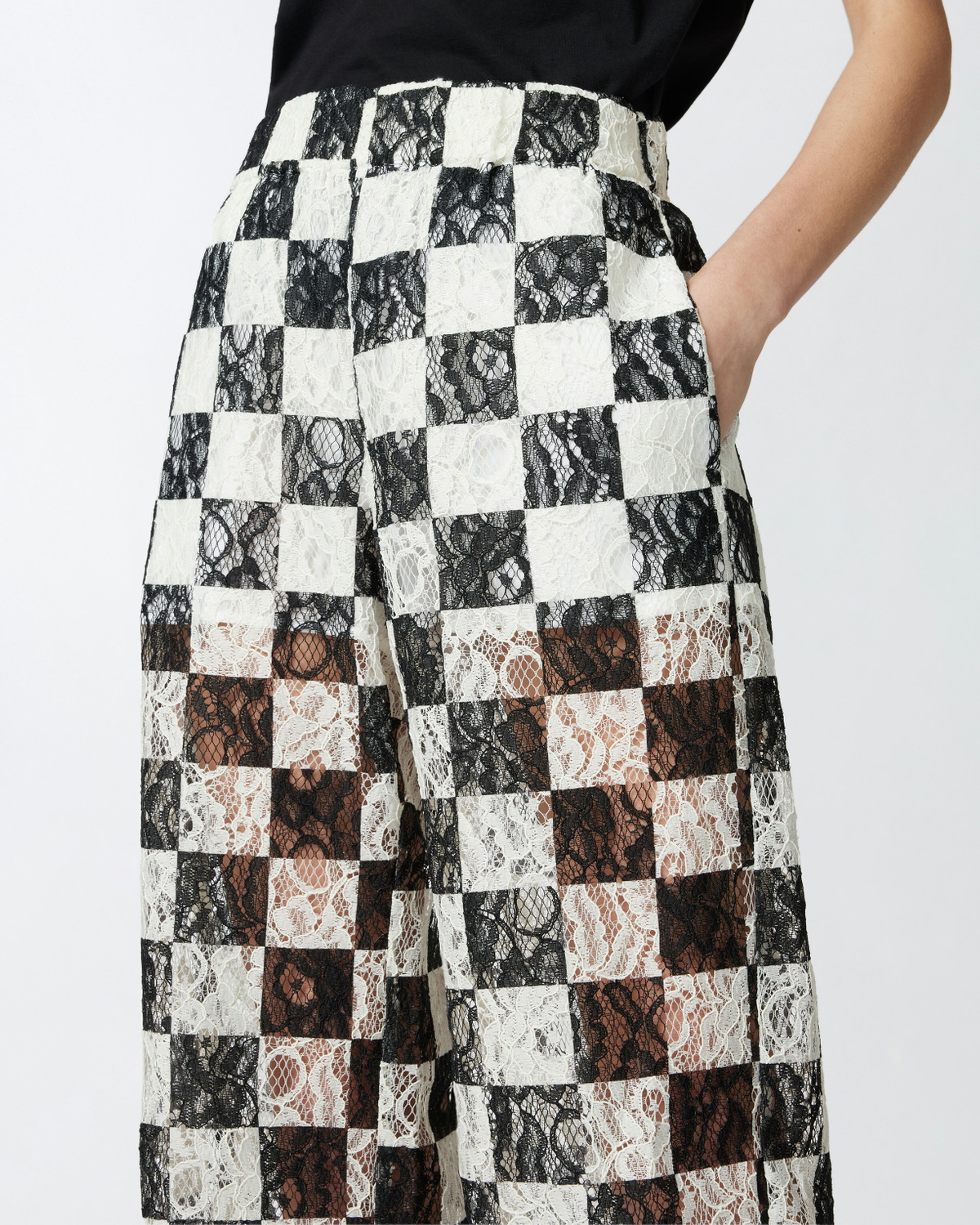 Pinko Wide Leg Lace Trousers With Check Pattern White/Black