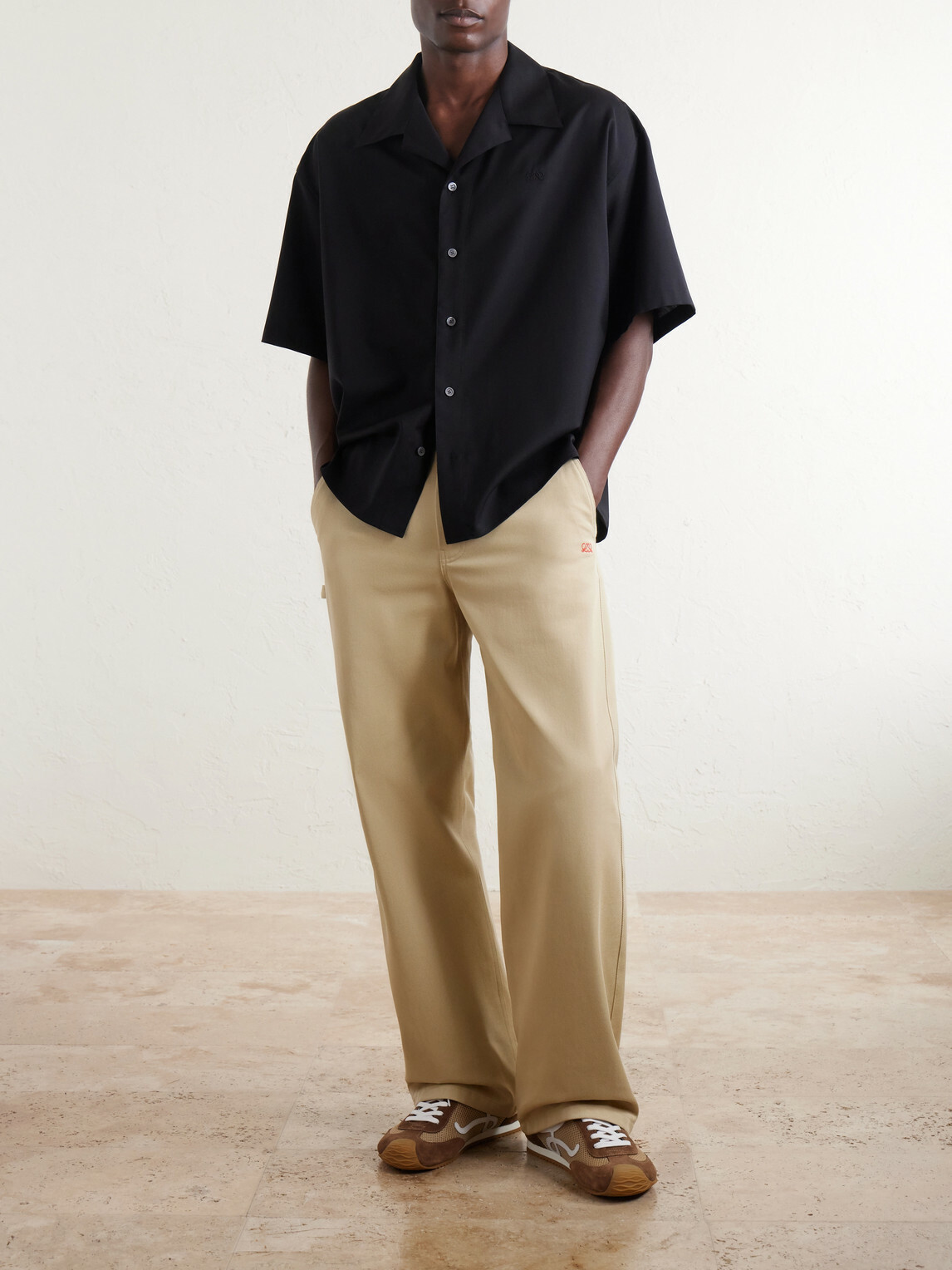 LOEWE - Logo-Embroidered Short-Sleeve Wool-Blend Shirt - Black