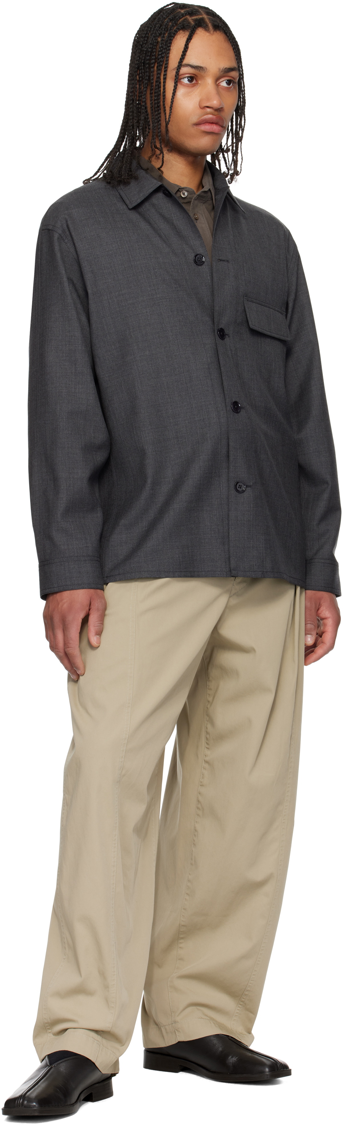 ジャケット・アウター LEMAIRE LIGHT FELTED WOOL LONG OVERSHIRT Light Tailored Overshirt in Grey Melange