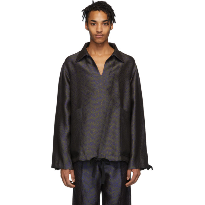 Nicholas Daley Khaki and Blue Jaquard Pattern Pullover Shirt 