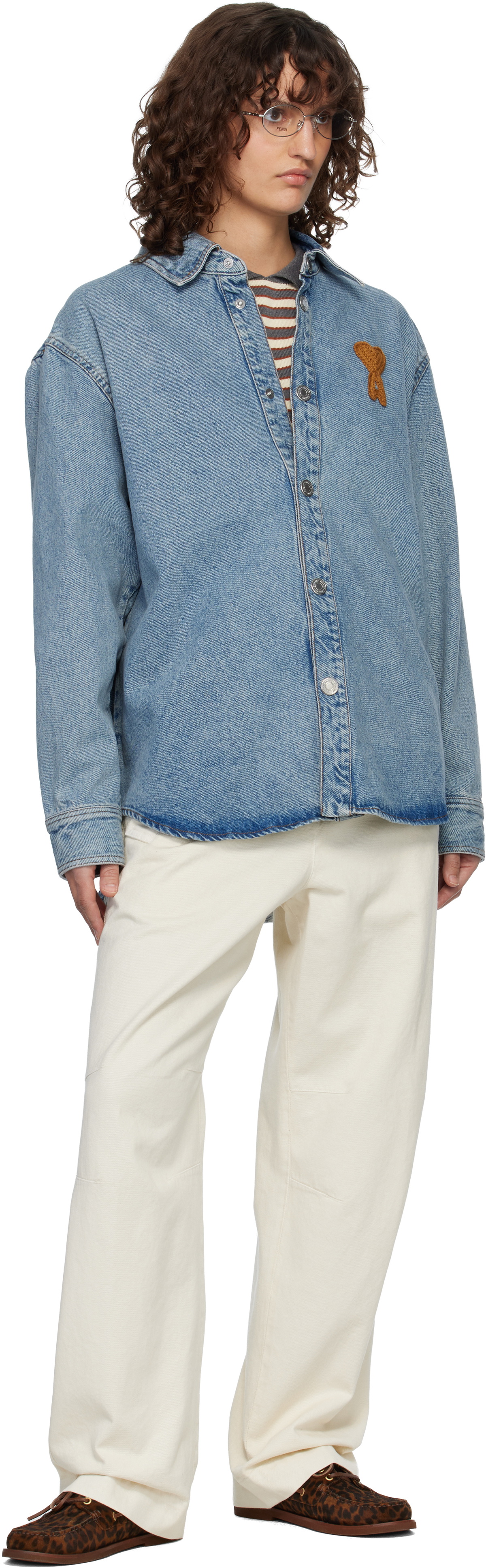 AMI Paris Blue Cotton Knitted Ami de Coeur Denim Overshirt