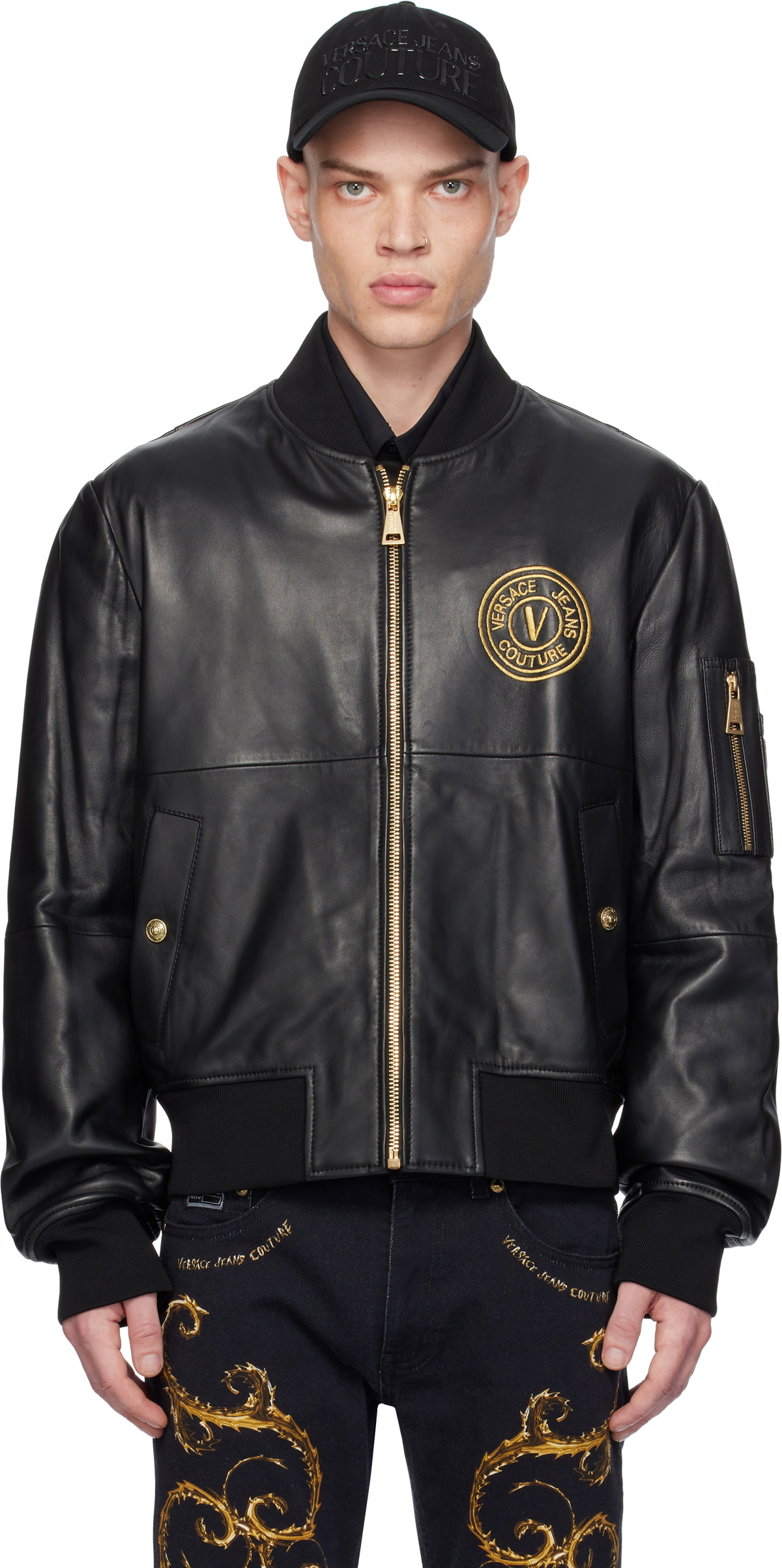 Versace Jeans Couture Black V-Emblem Leather Jacket Versace