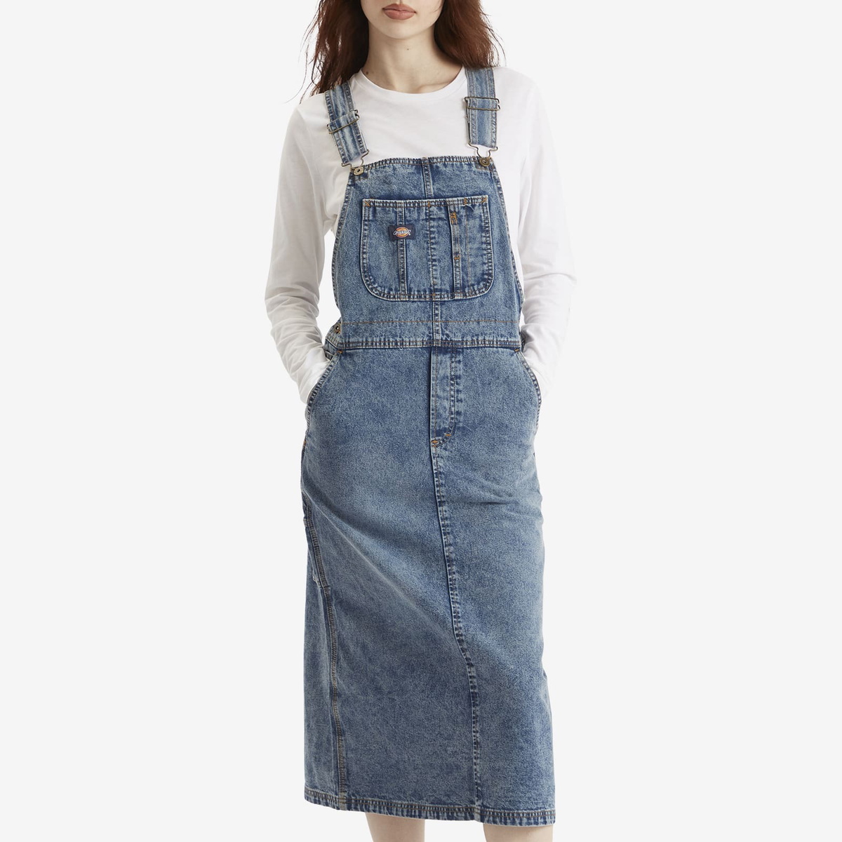 Dickies Women's Bib Overall Midi Dress in Rinsed Blue
