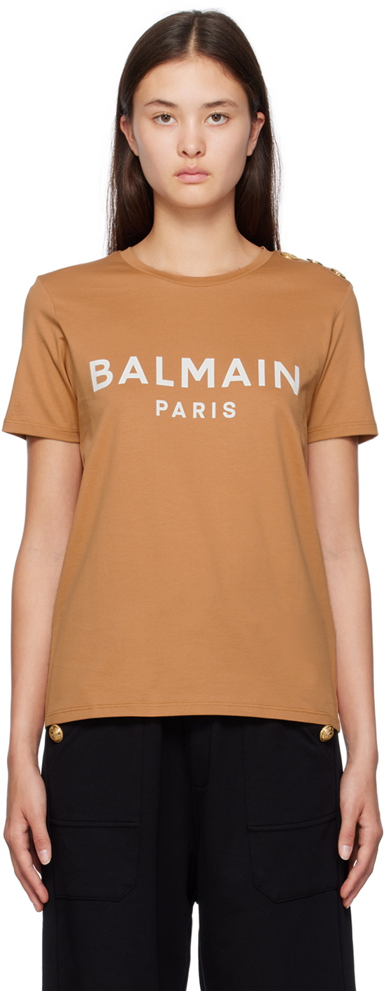 Balmain T-shirt With Logo in Brown