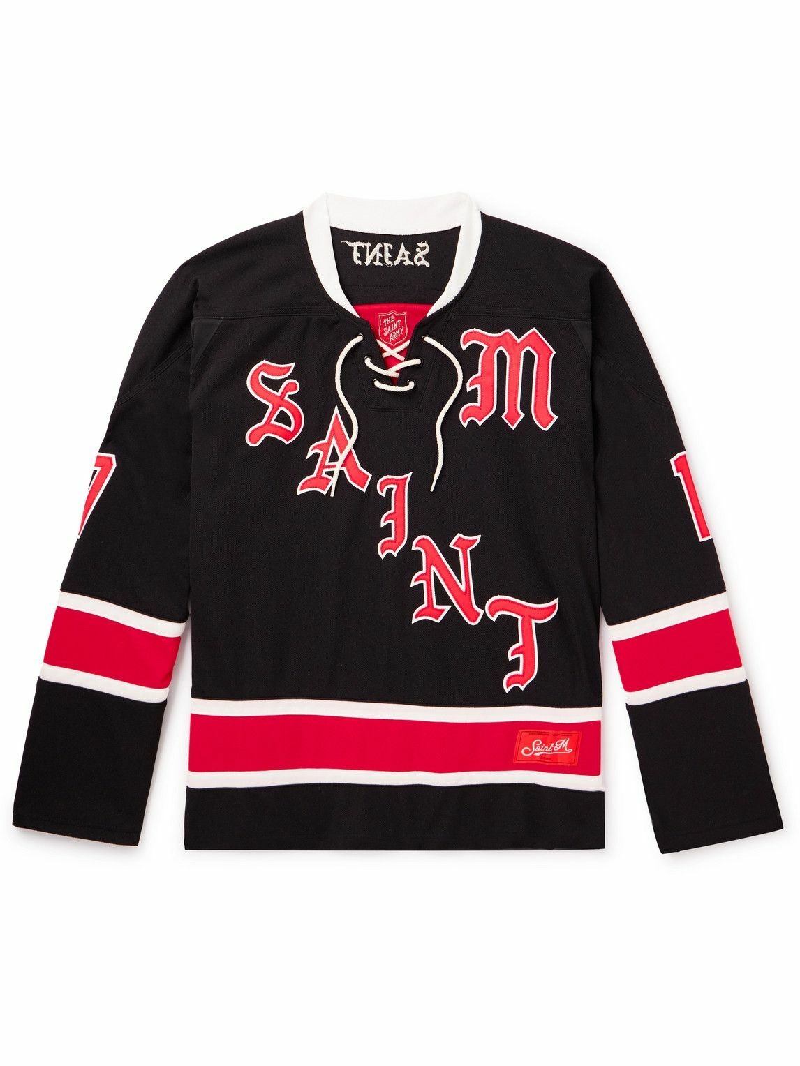 Photo: SAINT Mxxxxxx - Saint Supernatural 28 Logo-Appliquéd Striped Mesh T-Shirt
