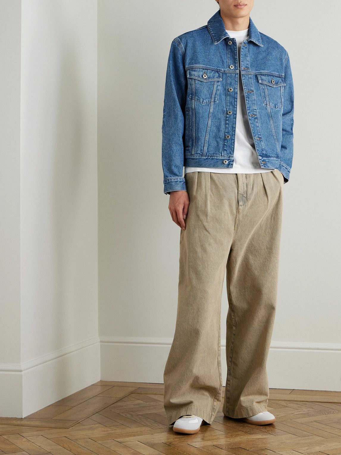 LOEWE - Anagram Leather-Trimmed Embroidered Denim Trucker Jacket - Blue