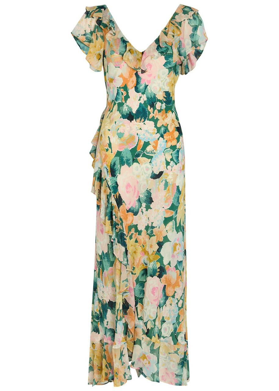 Rixo Meadow Floral-print Silk Midi Dress Green
