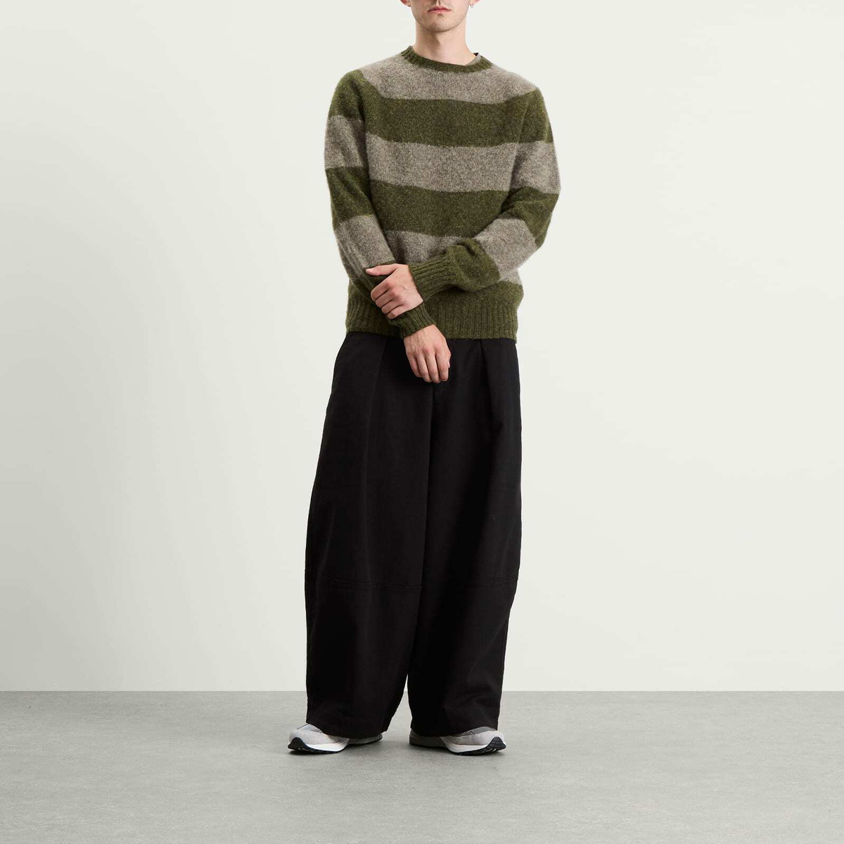 YMC Men's Suedehead Stripe Jumper in Green/Brown