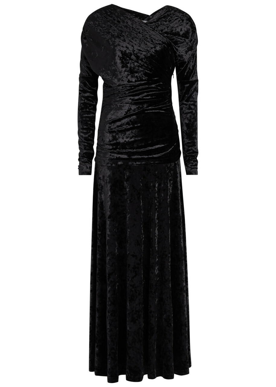 Ganni Ruched Asymmetric Velour Maxi Dress Black