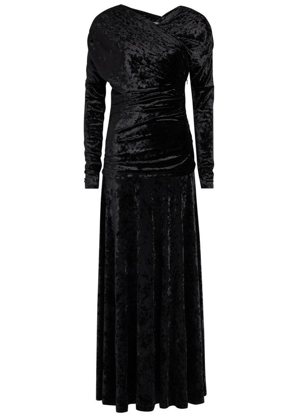 Photo: Ganni Ruched Asymmetric Velour Maxi Dress Black