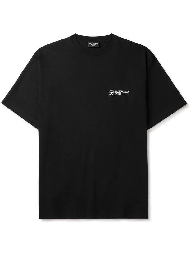 Photo: BALENCIAGA - Oversized Logo-Embroidered Organic Cotton-Jersey T-Shirt - Black