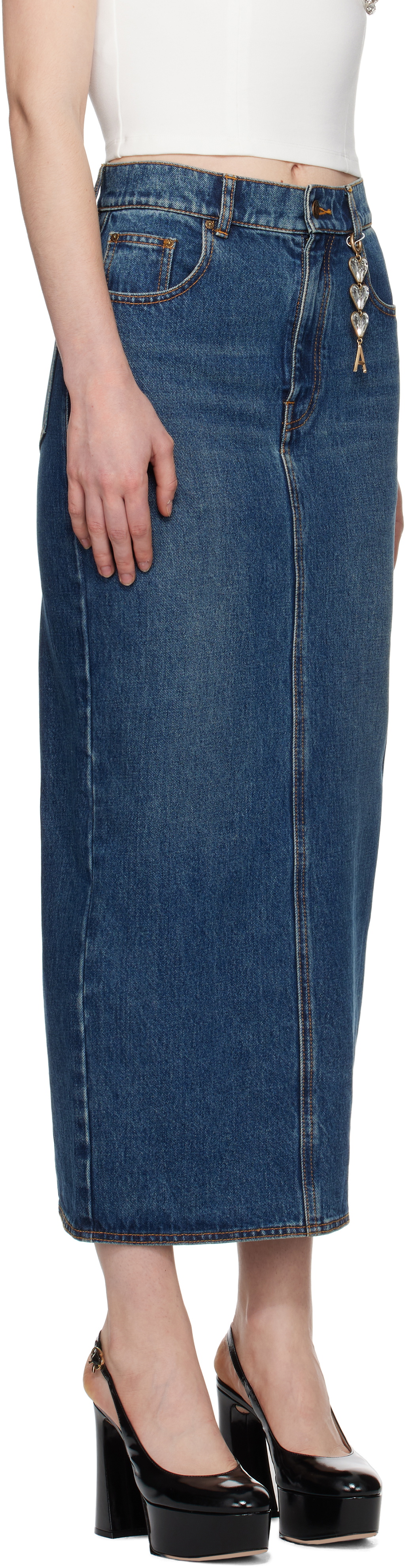 AREA Blue Zip Slit Denim Midi Skirt