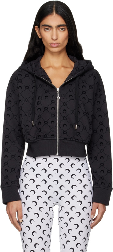Photo: Marine Serre Black Moonogram Flocked Fleece Cropped Zipped Hoodie
