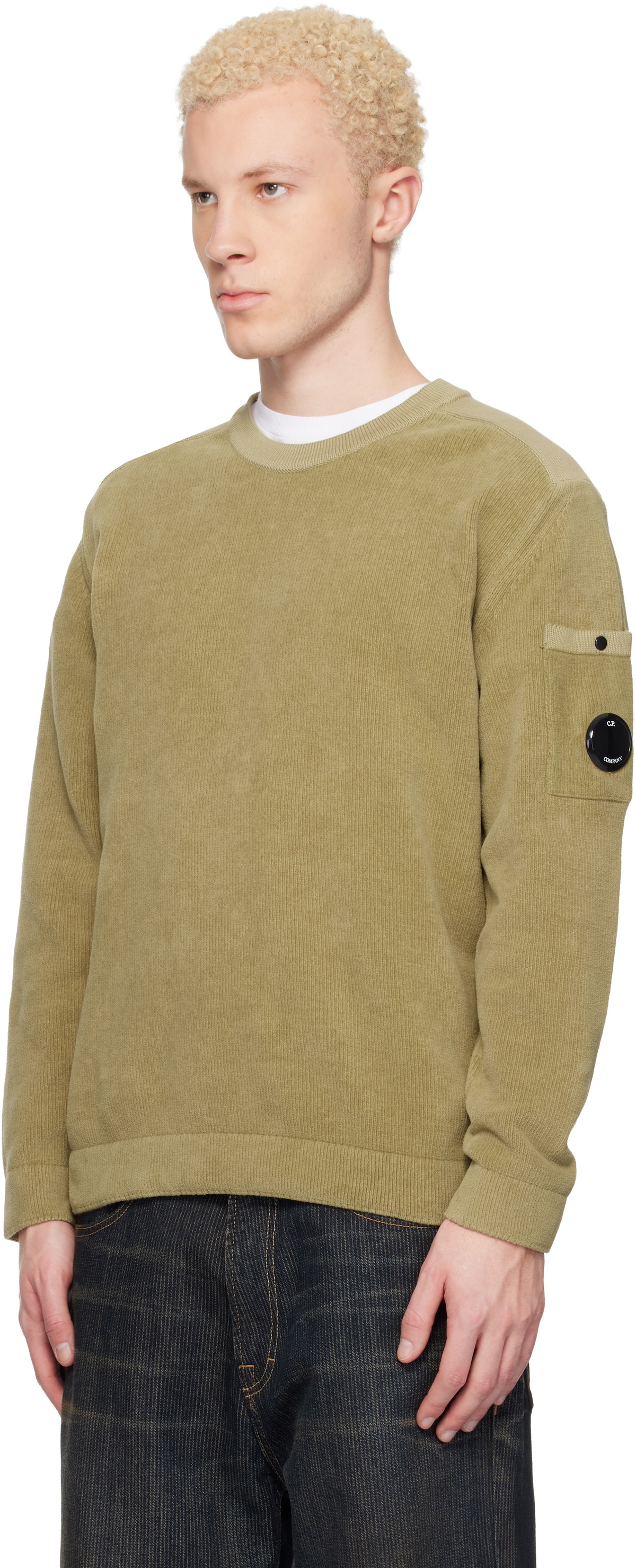 C.P. Company Beige Cotton Chenille Crewneck Lens Sweater