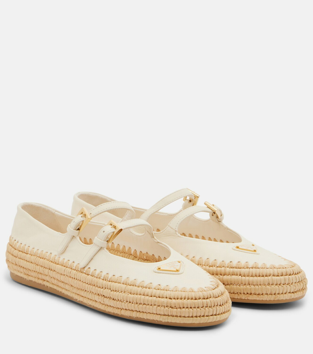 Prada Leather and raffia Mary Jane flats Prada
