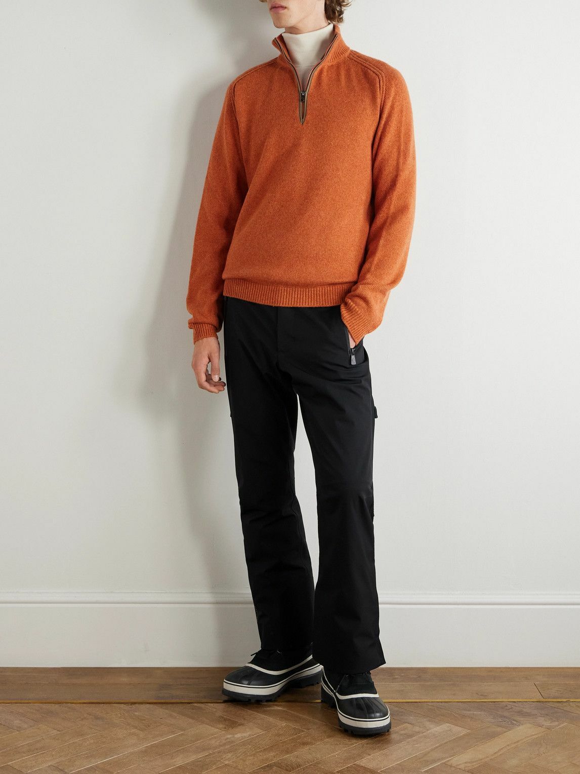 SEASE - Leather-Trimmed Cashmere Half-Zip Ski Sweater - Orange