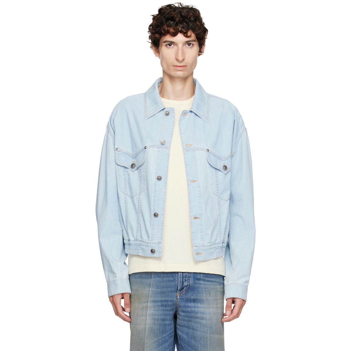 Versace Blue Chambray Denim Bomber Jacket