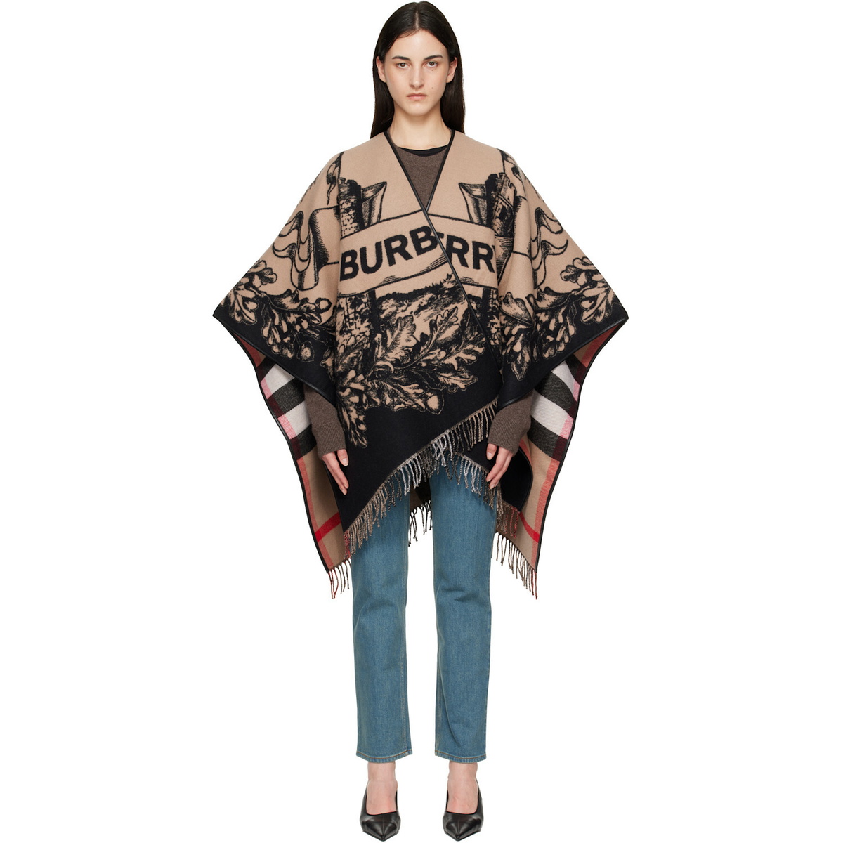 Burberry Beige & Black Gallant Knight Wool Cape