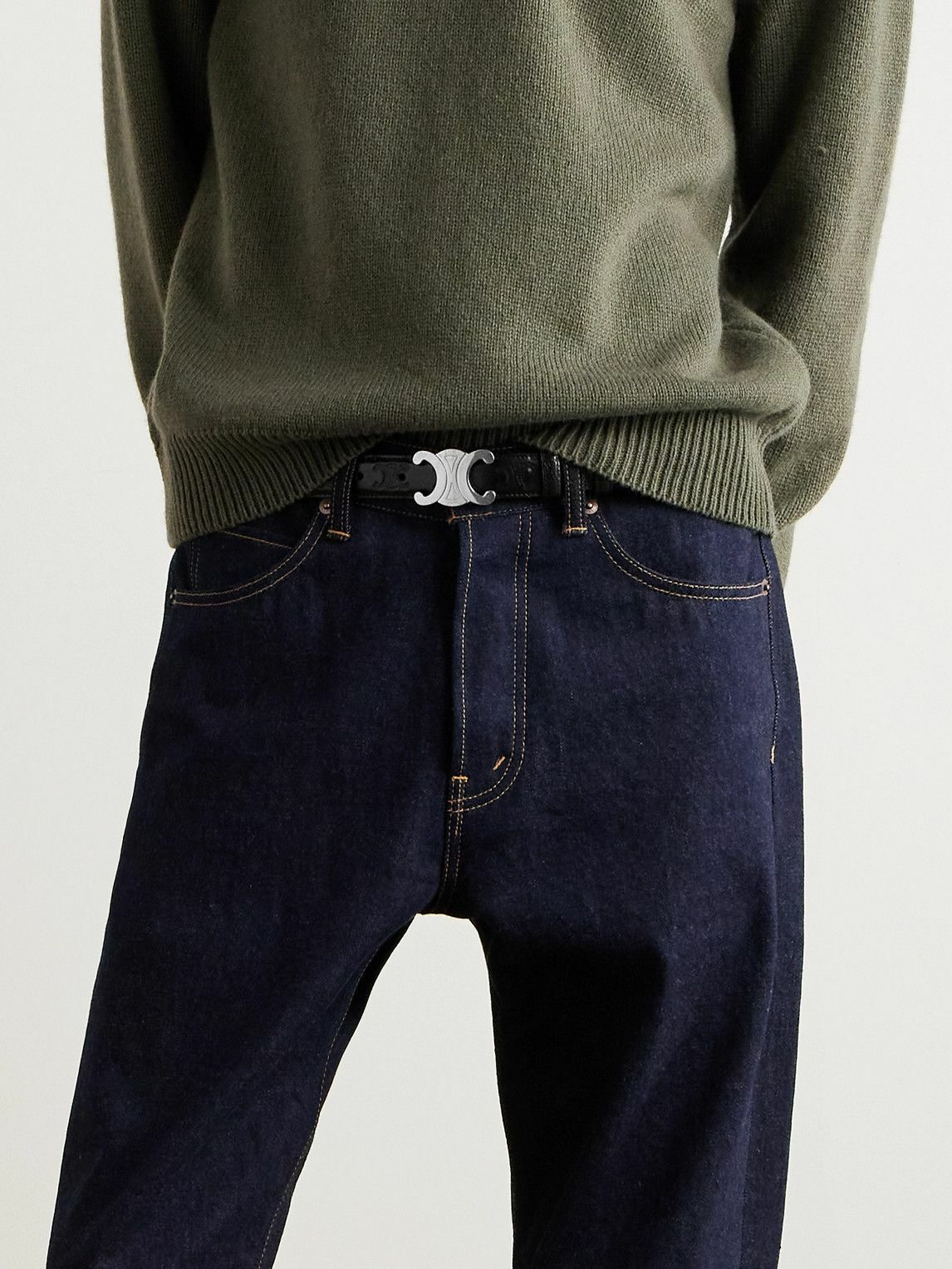 CELINE - 2.5cm Triomphe Logo-Debossed Leather Belt - Black