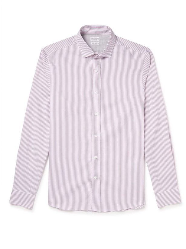 Photo: Brunello Cucinelli - Cutaway-Collar Striped Cotton-Poplin Shirt - Purple