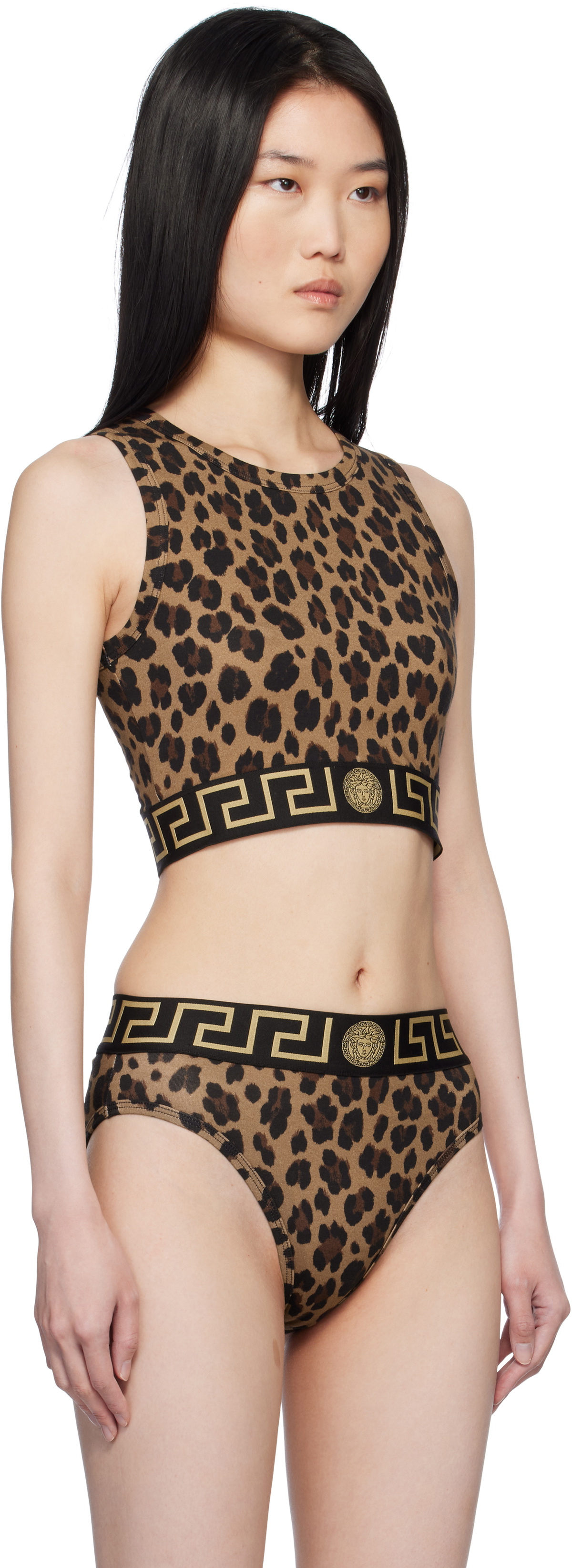 Versace Underwear Brown Leopard Greca Border Crop Tank Top